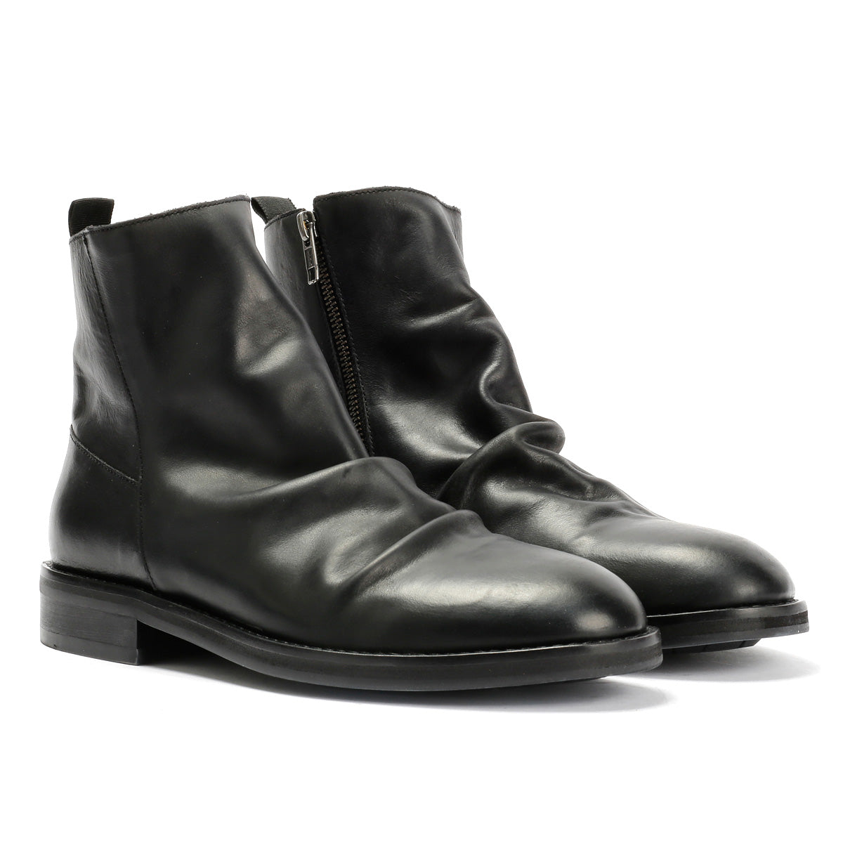 LENNON MENS BLACK WAXY LEATHER RUCHED BOOTS