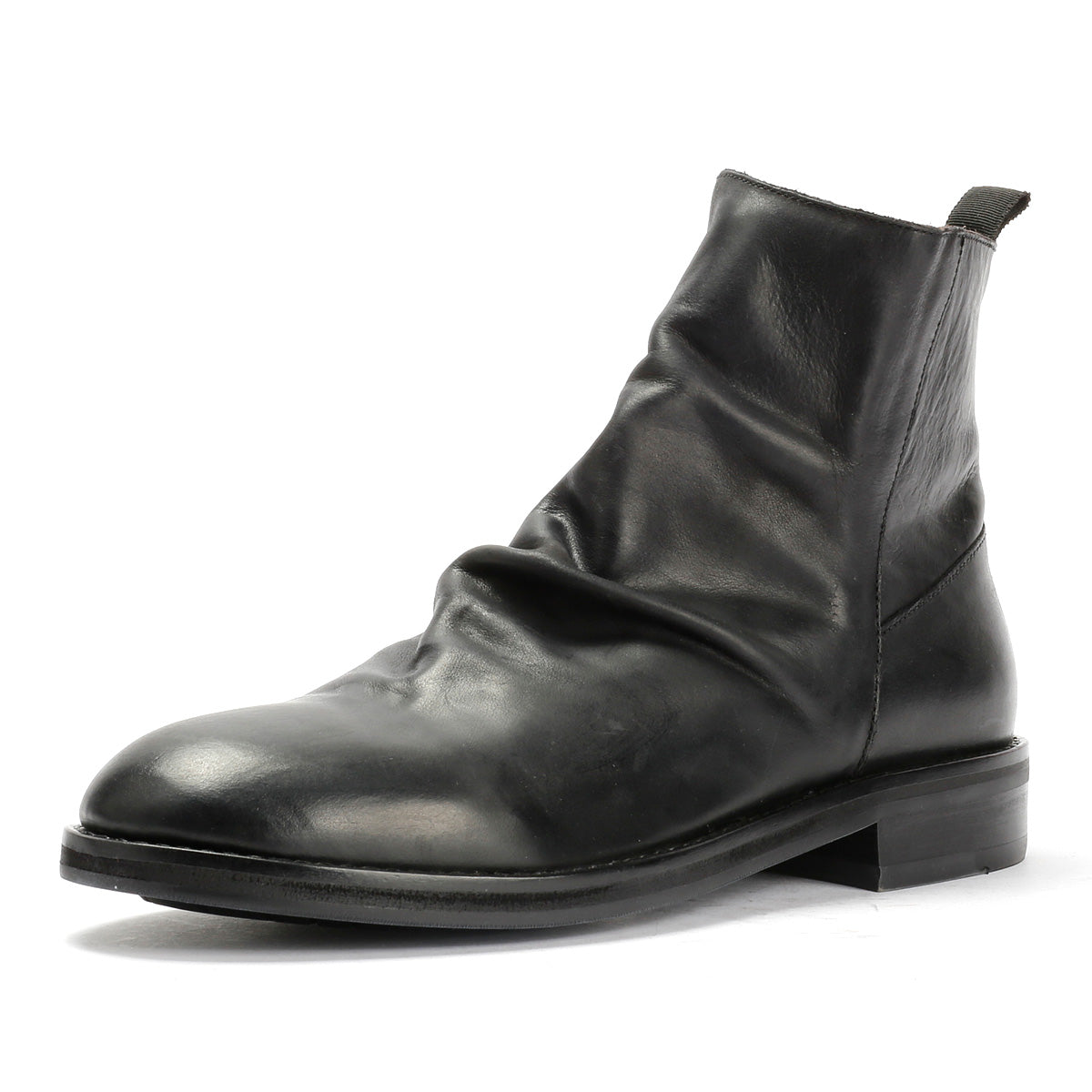LENNON MENS BLACK WAXY LEATHER RUCHED BOOTS