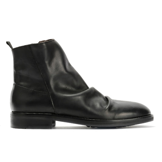 LENNON MENS BLACK WAXY LEATHER RUCHED BOOTS