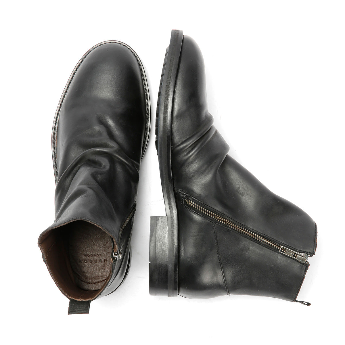 LENNON MENS BLACK WAXY LEATHER RUCHED BOOTS