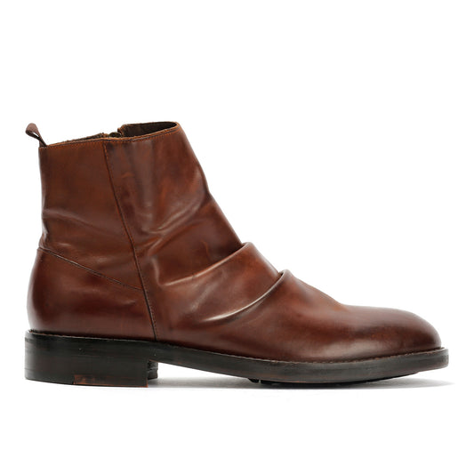 LENNON MENS BROWN WAXY LEATHER RUCHED BOOTS