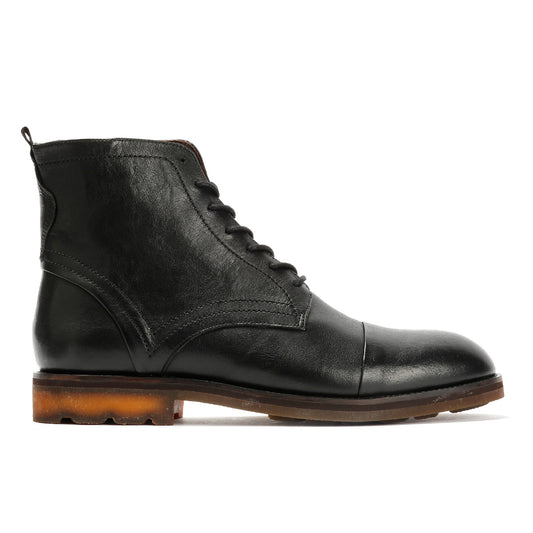 LONDON MENS BLACK TUMBLED LEATHER CAP BOOTS