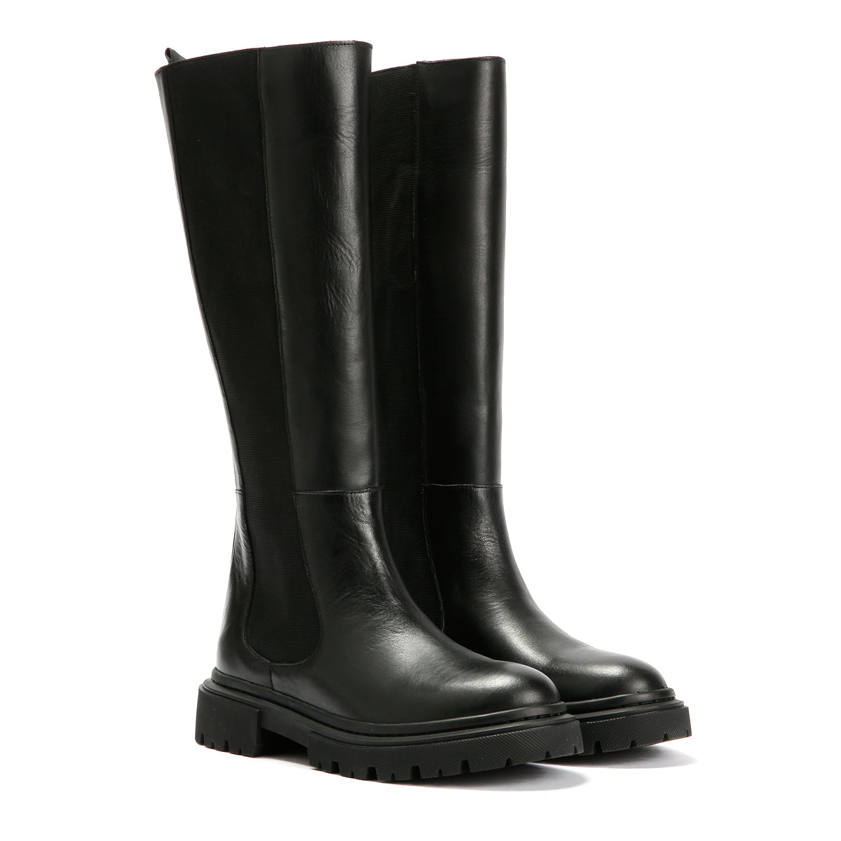 CORA WOMENS BLACK WAXY LEATHER HIGH BOOTS
