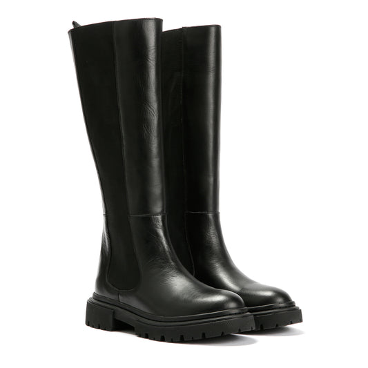 CORA WOMENS BLACK WAXY LEATHER HIGH BOOTS