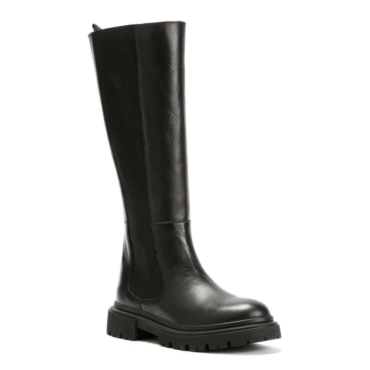 CORA WOMENS BLACK WAXY LEATHER HIGH BOOTS