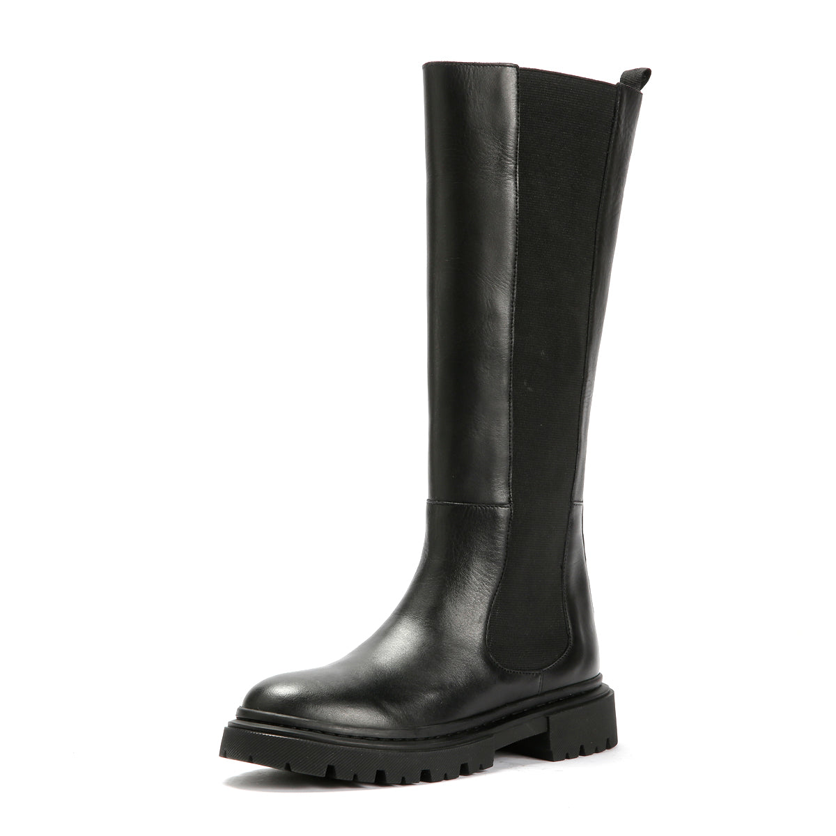 CORA WOMENS BLACK WAXY LEATHER HIGH BOOTS