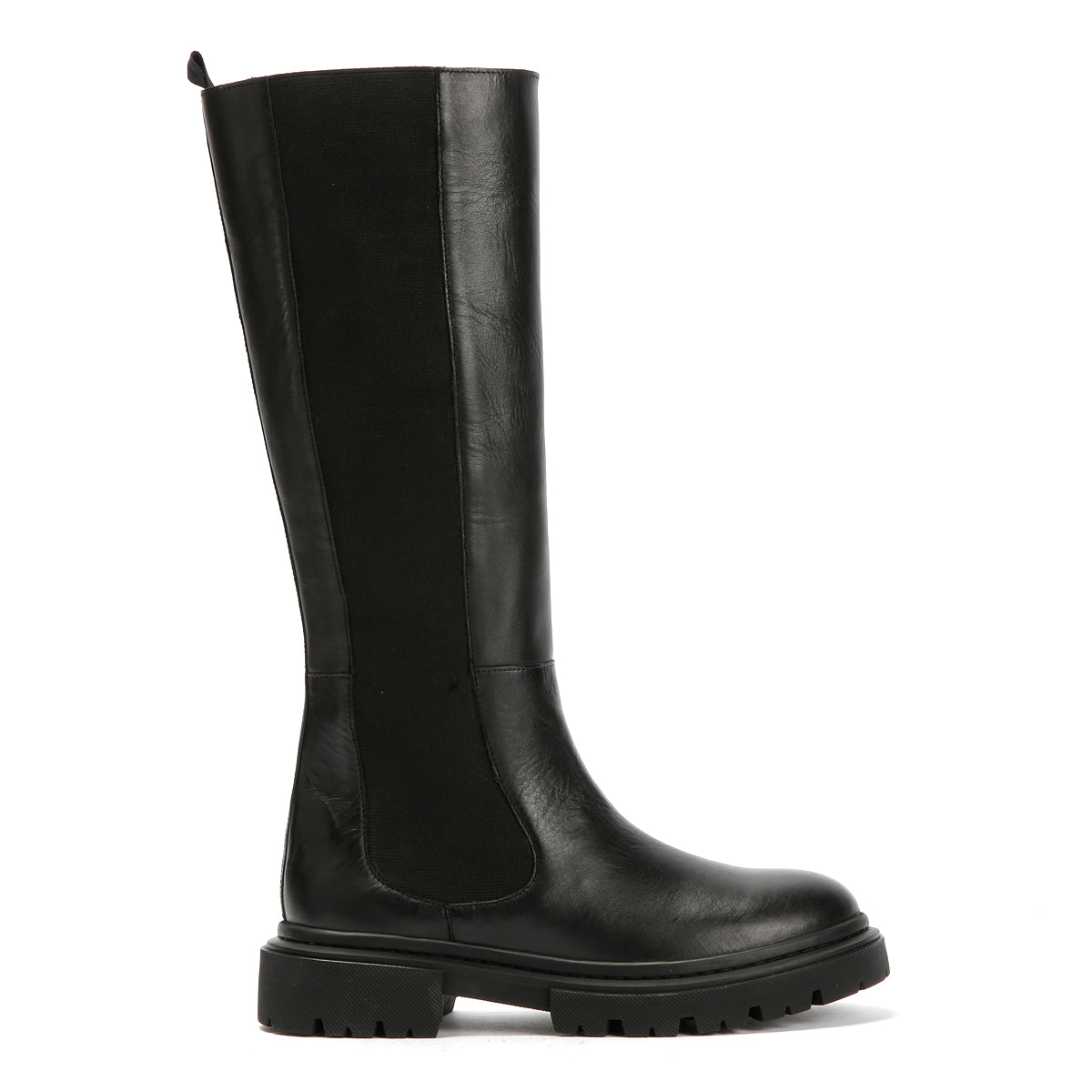 CORA WOMENS BLACK WAXY LEATHER HIGH BOOTS