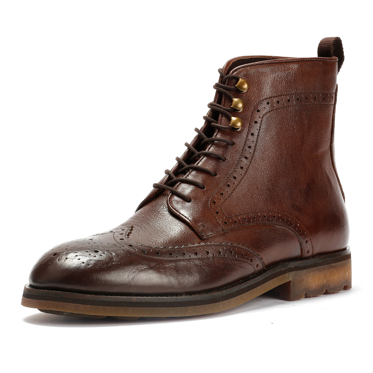 TRUMAN MENS BROWN TUMBLED LEATHER BROGUE BOOTS